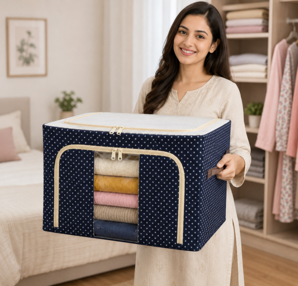 66 L Wardrobe Organizer Storage Box with Metal Frame | Foldable Clothes Storage Bag with Transparent Window & Zipper | Blanket, Saree, Clothes Storage Organizer for Closet & Shelf