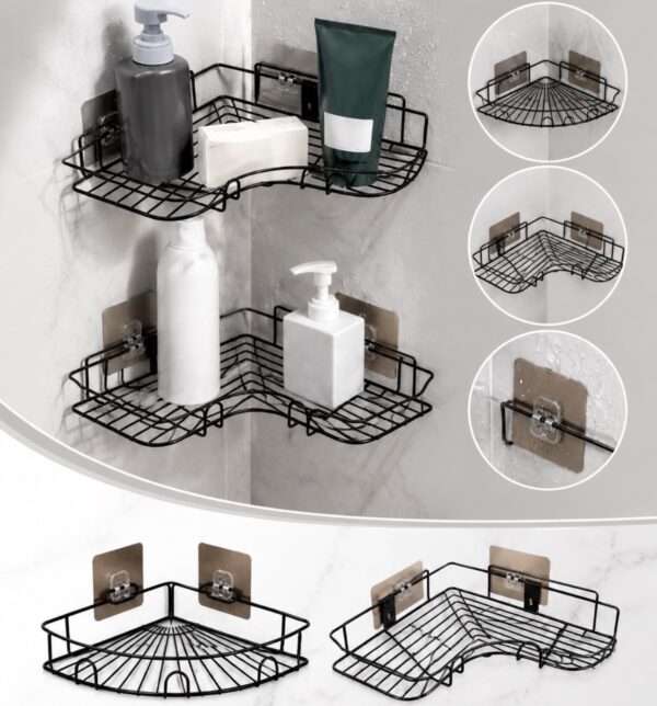 Self Adhesive Bathroom Corner Shelf No Drill | Rust-Proof Metal Wall Mounted Storage Organizer for Bathroom & Kitchen | Space Saving Rack for Shampoo, Soap, Spices & Accessories