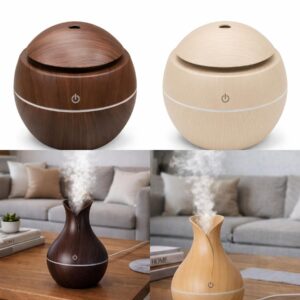 Wood Grain Cool Mist Humidifier with Essential Oil Diffuser, 300ml Ultrasonic Aroma Diffuser with LED Night Light, Portable USB for Bedroom & Office