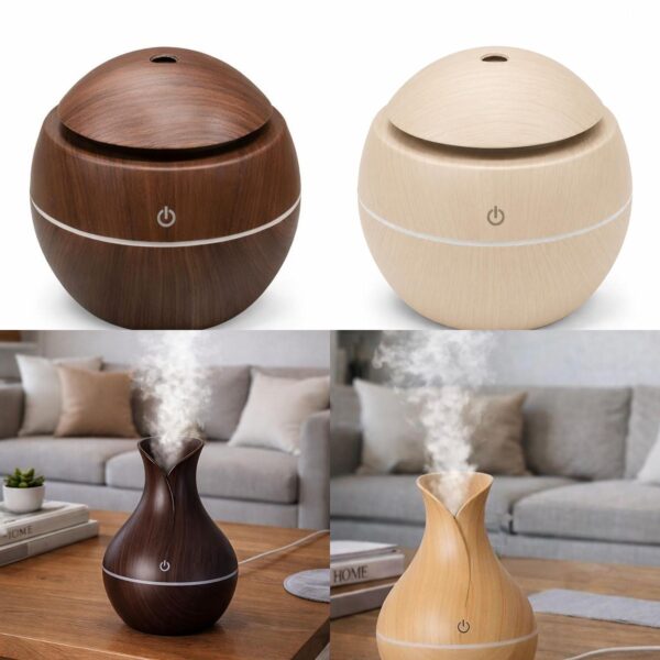 Wood Grain Cool Mist Humidifier with Essential Oil Diffuser, 300ml Ultrasonic Aroma Diffuser with LED Night Light, Portable USB for Bedroom & Office